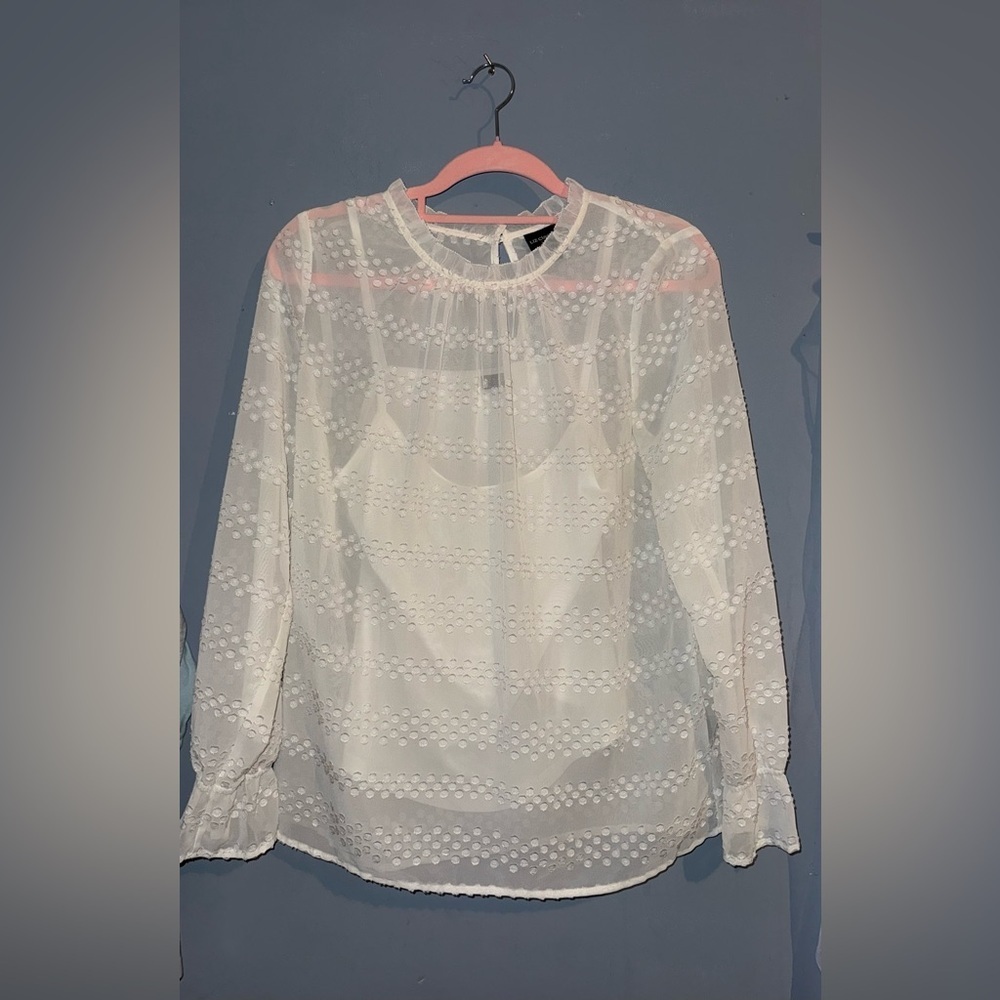 Liz Claiborne White Semi-Sheer Dot-Textured Long Sleeve Blouse